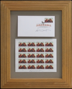 Arizona Centennial Commemorative Stamp, Arizona First Day of Issue by Ed Mell, Custom frame with autographed stamps and First Day of Issue with  Signature Frame, Desert tone finish 16 x 13 inches Price $200.00